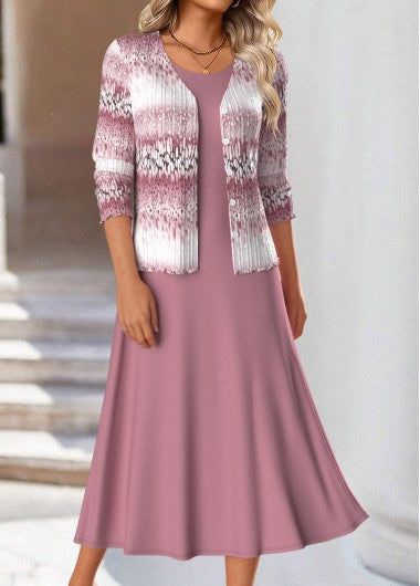 Modlily Pink Two Piece Ombre Long Sleeve Dress and Cardigan - XXL
