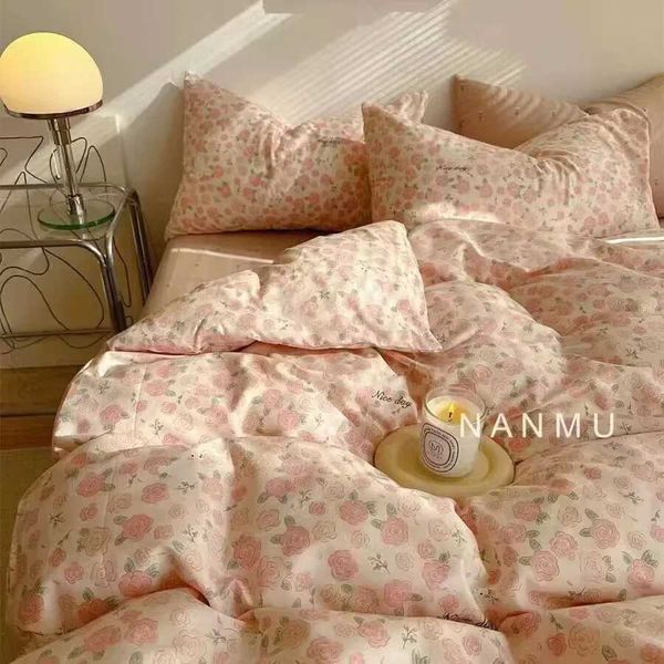 Romantic Rose Pink Floral Bedding Set Double Size Flat Sheet Duvet Cover and Pillowcase For Girls Soft Bed Linen Home TextileXJ241015