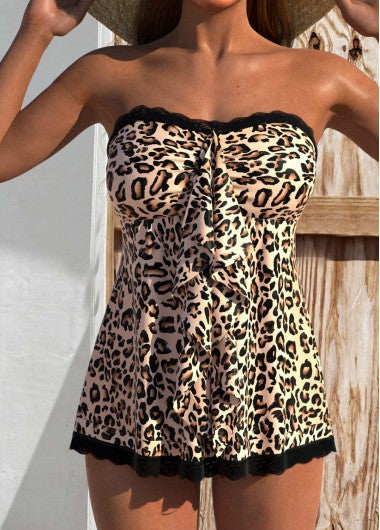 Modlily Lace Leopard Light Camel Tankini Top - S