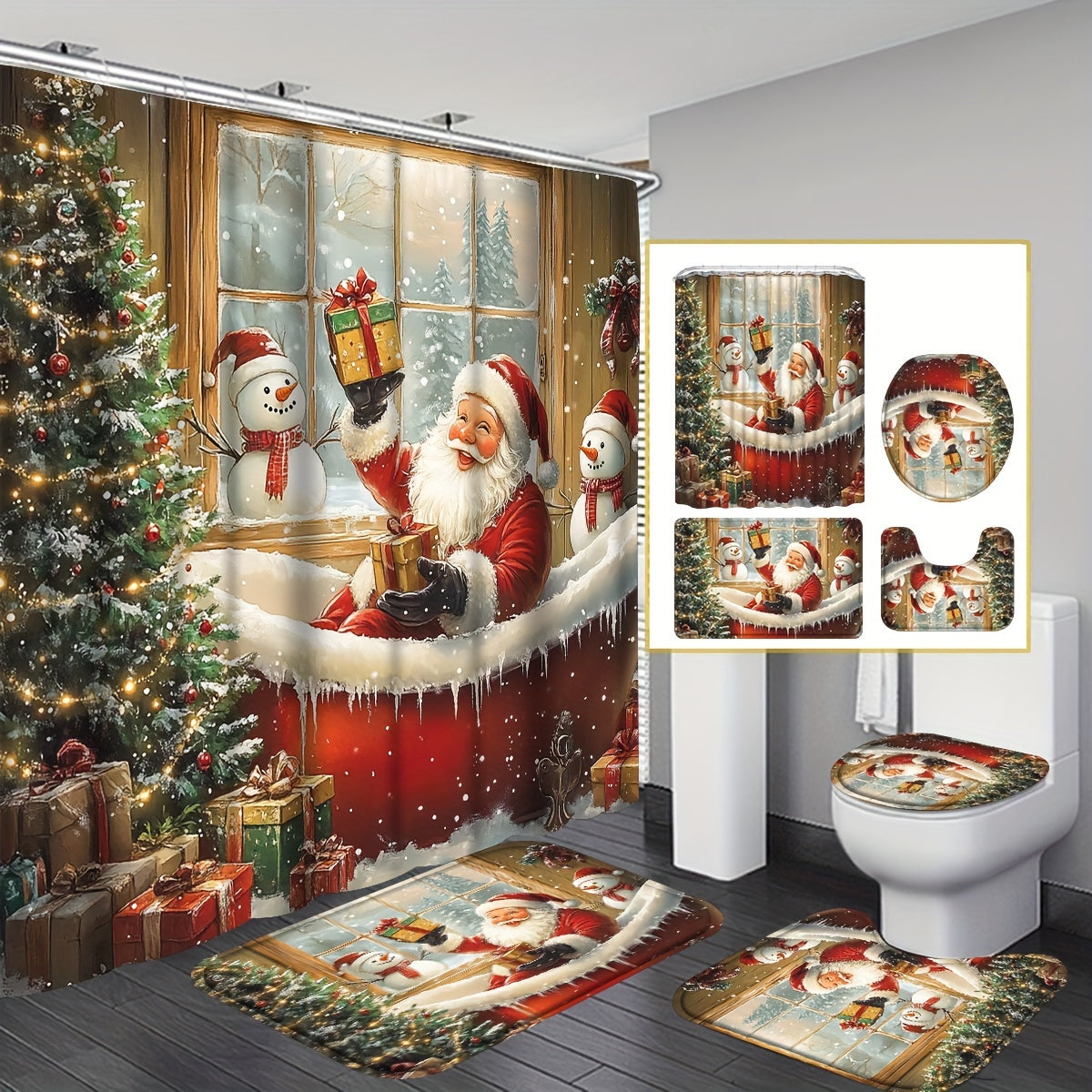 TEMU 4pcs Santa Claus Shower Curtain Set, Curtain Set With Non-slip Rugs, Toilet Mat, Toilet Seat Cover, Machine Washable Curtain Set With 12 Hooks,