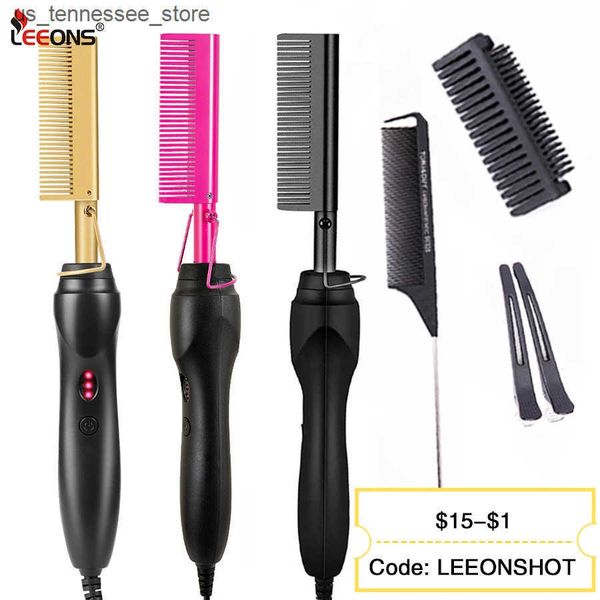 Hair Curlers Straighteners Leeons Black Hot Comb Hair Straightener Flat Iron Electric Hot Heating Comb Wet And Dry Hair Curler Straight Styl