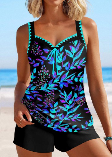 Modlily Contrast Binding Floral Print Cyan Tankini Top - XL