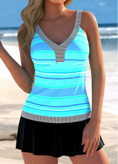 Modlily Patchwork V Neck Striped Cyan Tankini Set - XXL