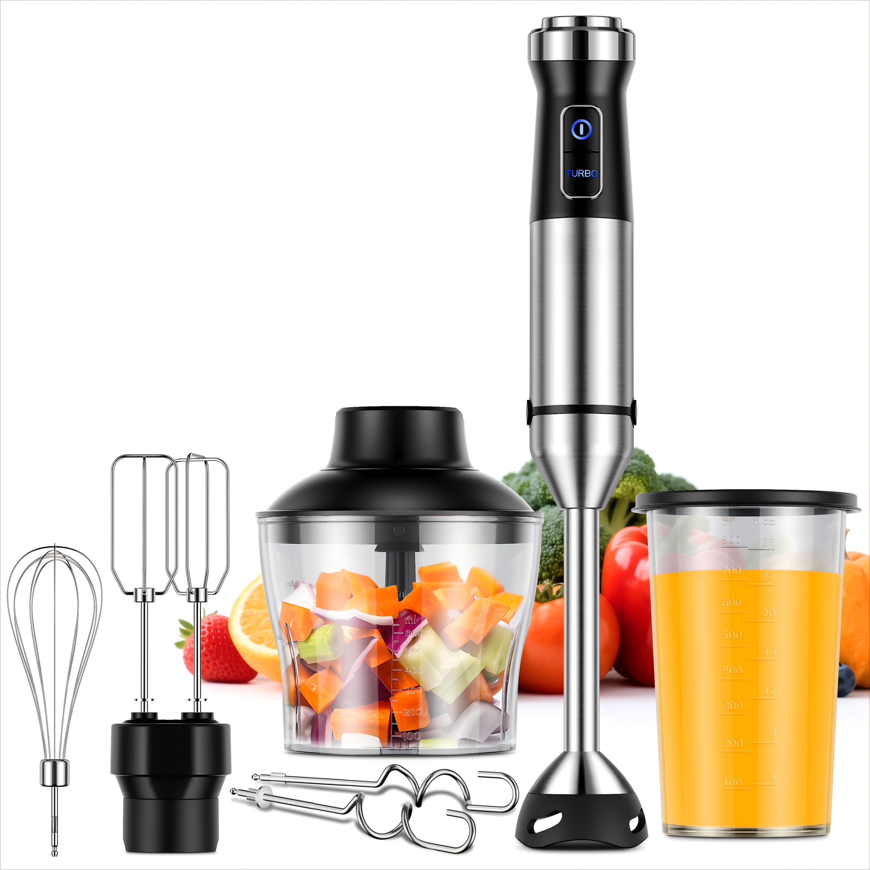 TEMU 6-in-1 Blender Handheld 1000w 20-speed & Turbo Mode, Scratch Resistance Hand Blender With Dough Hooks, , Whisk, 800ml Beaker, 600ml Chopper ,