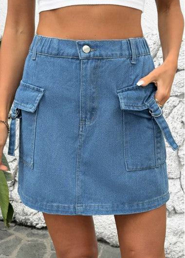 Modlily Denim Blue Button Shift Dress Short Skirt - L