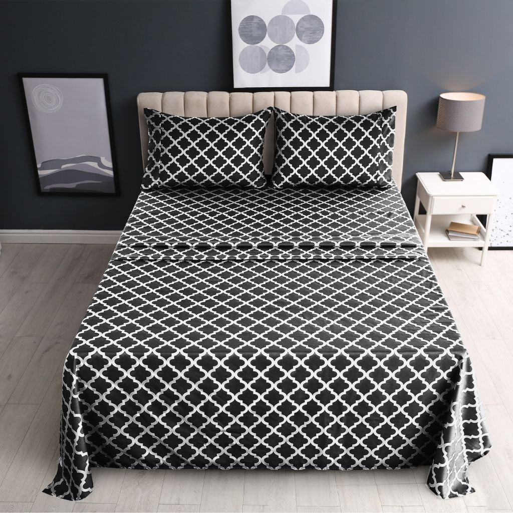 4-Piece Premium Quatrefoil Microfiber Bedding Set - Twin - Black