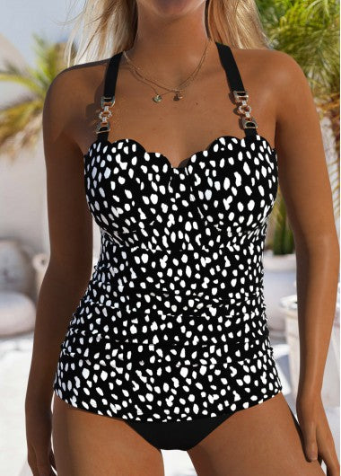Modlily Polka Dot Black Bandeau Tankini Set - M