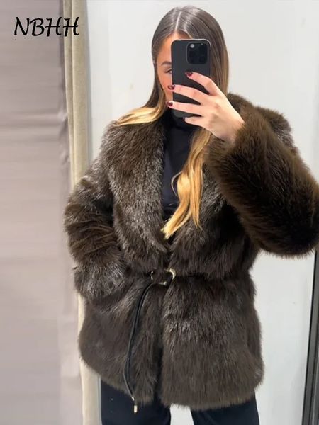 Vintage Fluffy y Womens Faux Fur Coats Belt Lapel Full Sleeve Pocket Jacket Autumn Winter Warm Thicken Lady Outwear 241211