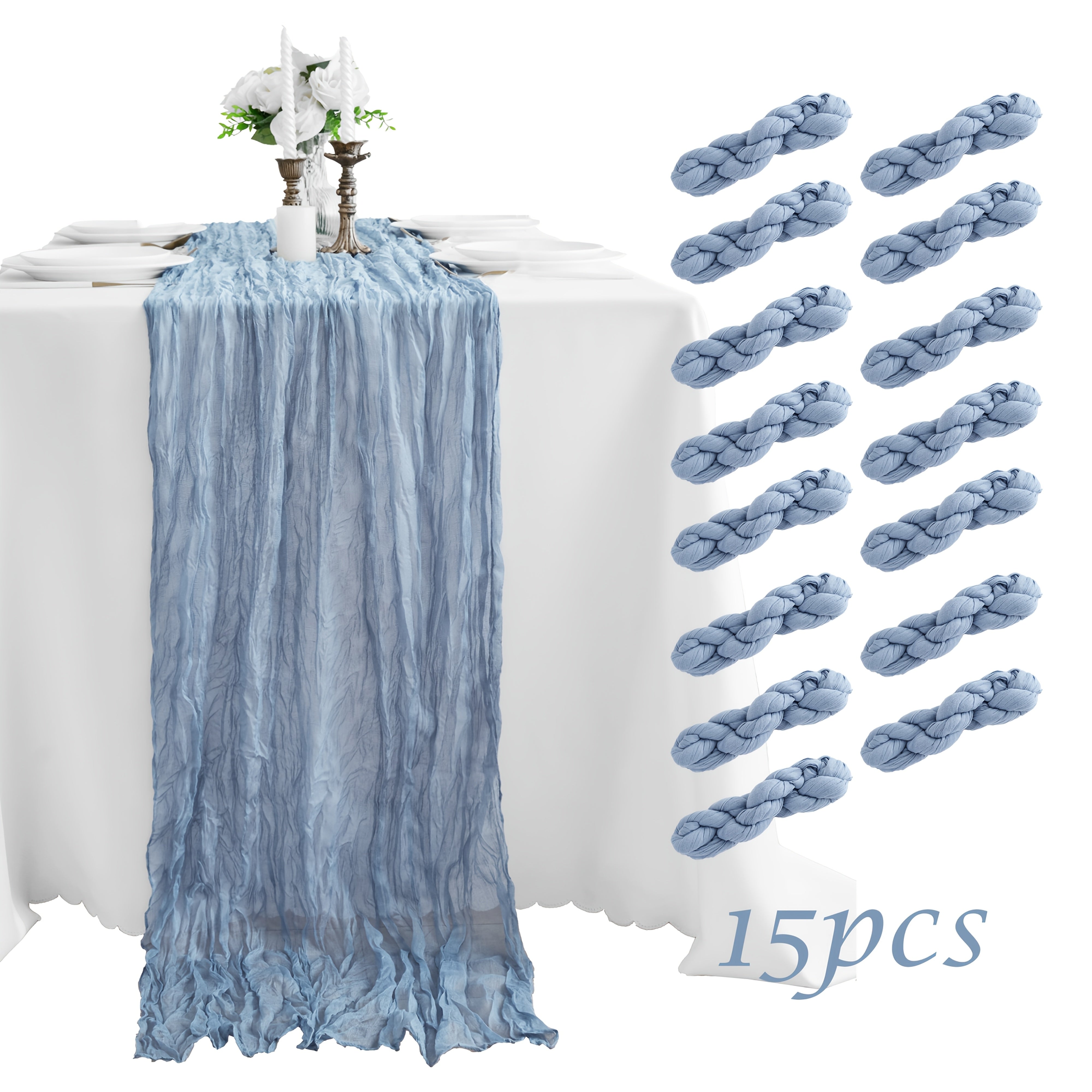 TEMU 15pcs Elegant Balinese Pleated Table Runner - Solid Color Cheesecloth Fabric, Showers & Birthday Parties, Durable Party Decor, Holiday Desktop