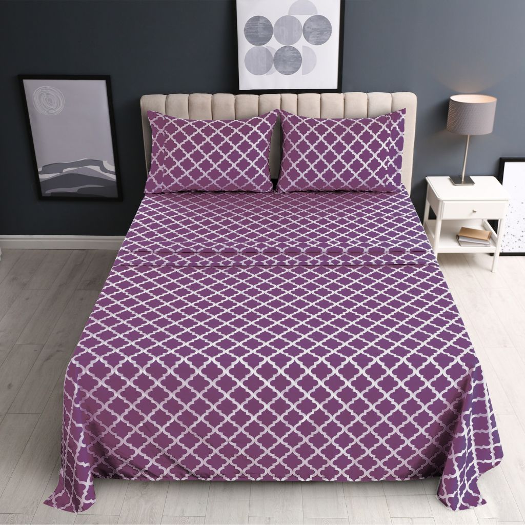 4-Piece Premium Quatrefoil Microfiber Bedding Set - Queen - Purple