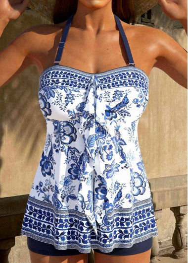 Modlily Scalloped Hem Floral Print Navy Tankini Top - L