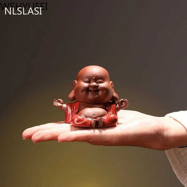 1 handmade purple clay cute Buddha monk statue decoration finger tea pet boutique tea table tea set W240815