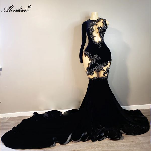 Beauty Women Black Trumpet Flormal Prom Dresses One Shoulder Luxury Lace Beadings Rhinecrystals And Pearls Velvet Mermaid Hollow Ladies Prom