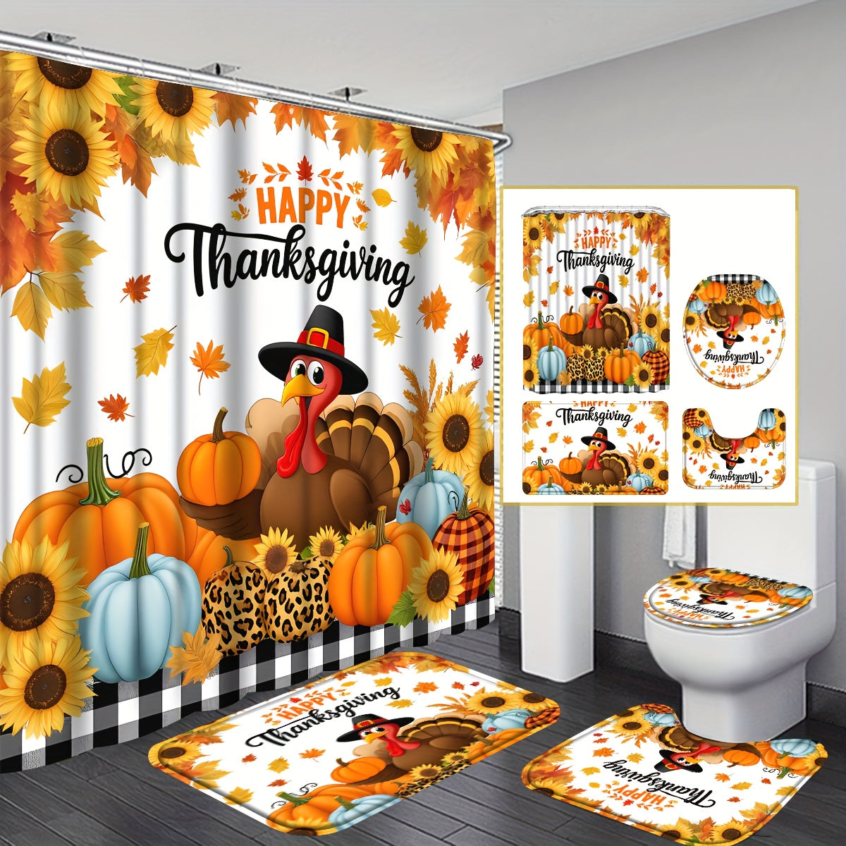 TEMU 4pcs Thanksgiving Turkey Shower Curtain, Farmhouse Pumpkin Sunflower Fall High Quality Shower Curtain Bathroom Sets Full Set With 12 Hooks, Bath