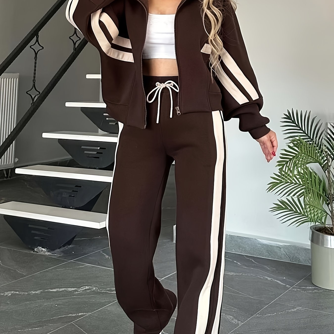 TEMU Sports Style -contrasting Stripedzipper Top, Jacket, Casual Sports Suit, Women's 2025autumn And Winter , Women'-pieceset, Casual Attire, Gym