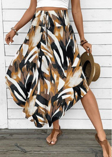 Modlily Dark Camel Bohemian Print A Line Elastic Waist Skirt - S