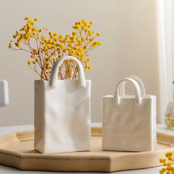 Vases Nordic bag shaped ceramic vase for flowers modern decorative white vase home decoration dried flowers arrangement table decoration P23