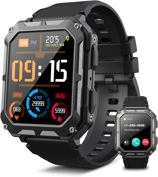 Tactical Smart Watch for Men, 1.83 HD Red Fiess Tracker Waterproof Smartwatch Heart Rate Sleep Monitor Compatible with iOS Android dh9103200