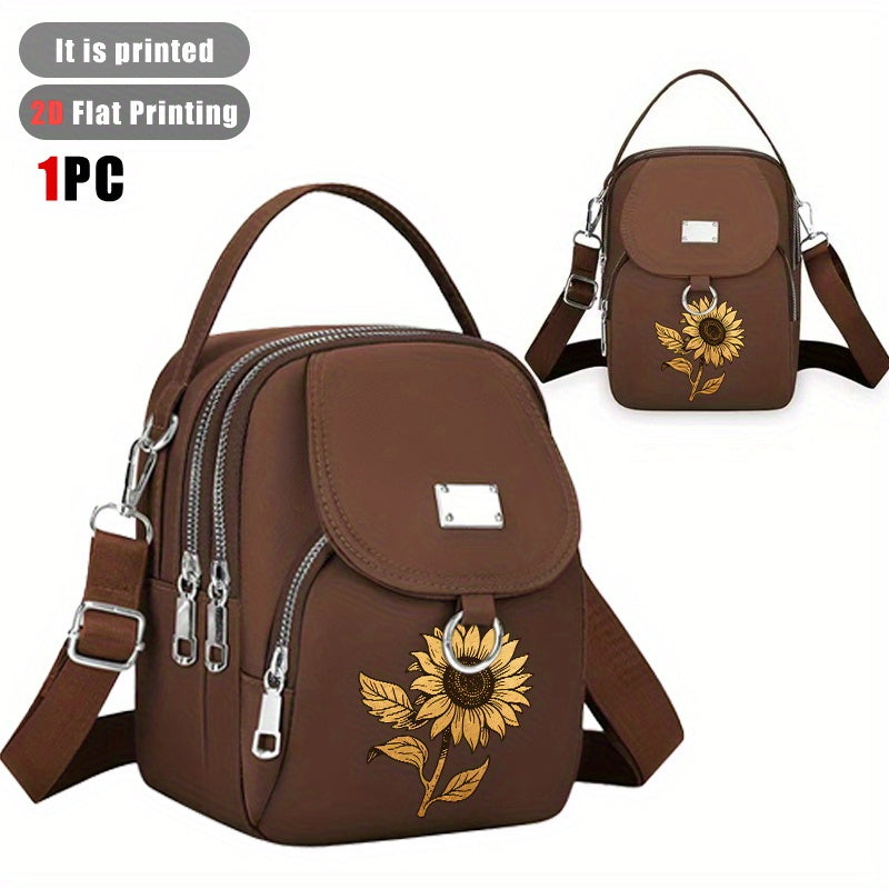 TEMU 1pc Sunflower Print Crossbody Bag - Black With Design, Versatile Shoulder Bag For Women, Casual & Everyday Use, Polyester Material, Zip Closure,