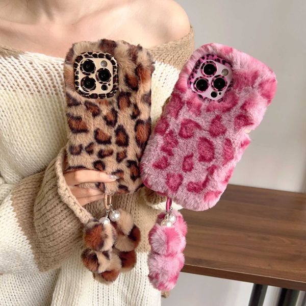 Luxury unique plush elegant Leopard soft fur skin puff wristband holder phone case cover suitable for iPhone 11 12 13 14 15 16 Pro Plus Max