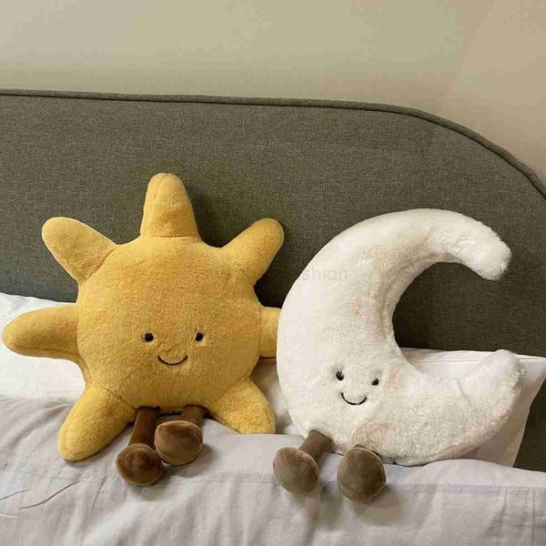 Adorable Smile Face White Moon Yellow Sun Plushie Stuffed Cute Cartoon Weather Plush Toy for Kid Bedroom Decor Sofa Throw PillowB270720