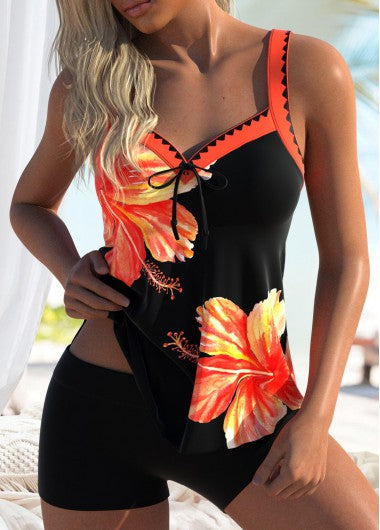 Modlily V-Neck Floral Print Orange Tankini Set - XXL