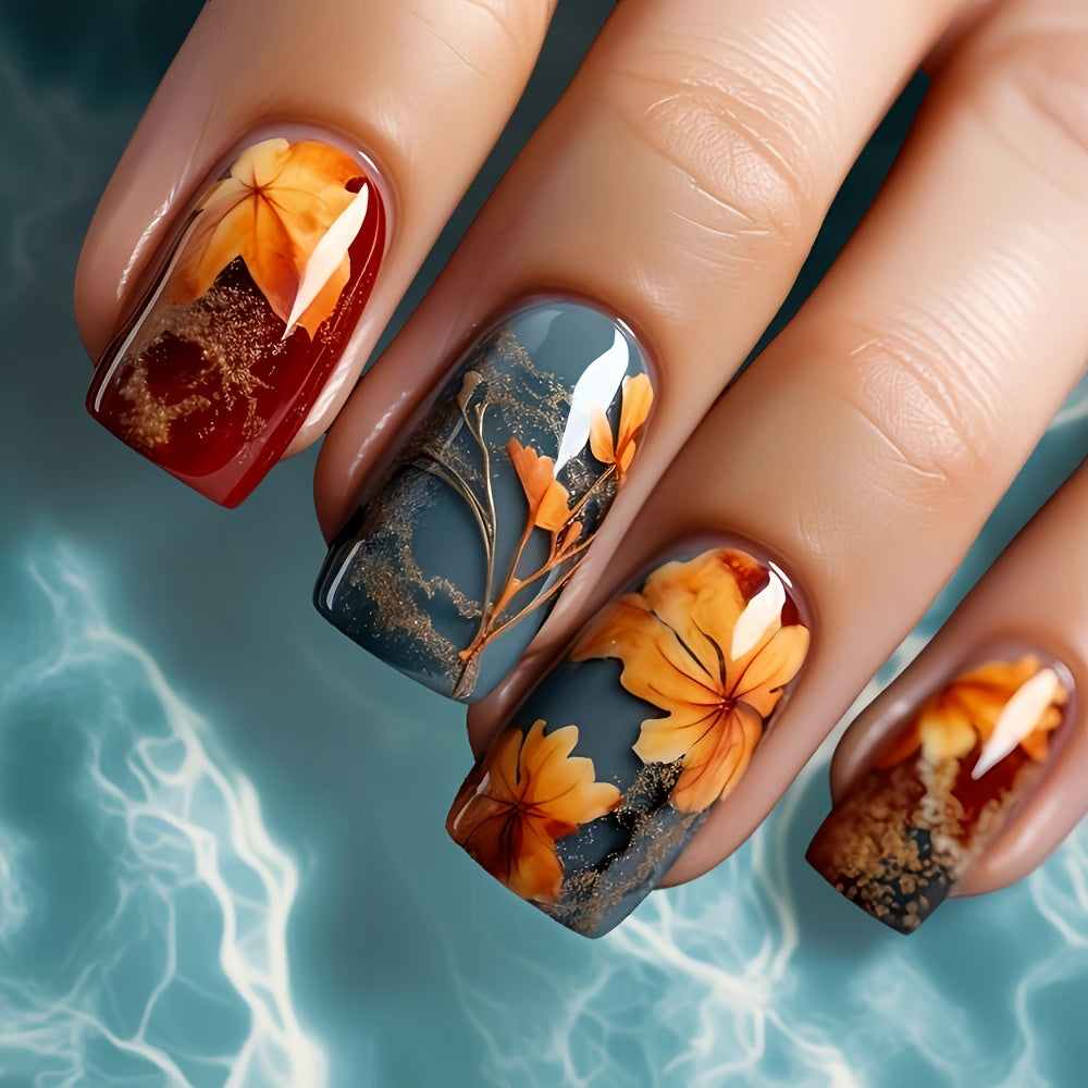 TEMU 24pcs Press-on Nails In Vibrant Autumn Colors - Short Oval Full Cover False Nails With Glossy Leaf Pattern, Easy To Apply & Remove, Women And