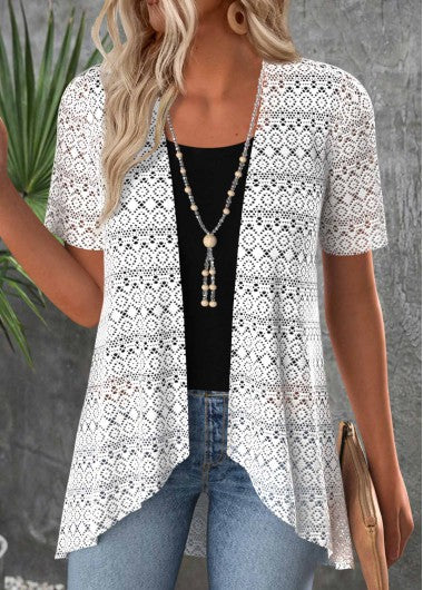 Modlily White Patchwork Short Sleeve Cardigan and Tank Top - XXL