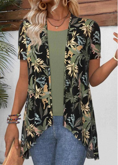 Modlily Green Leaf Print Short Sleeve Light Cardigan - S