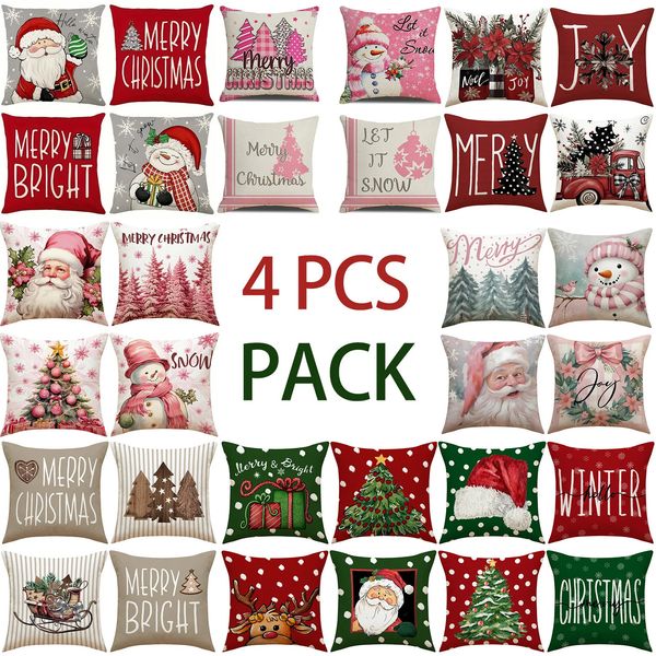 4Pcs Christmas Decorations Pillow Covers 18x18inch Cushion Cover Sofa Square Throw Cases Home Decor Party 241210