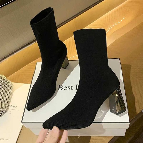 High Heels Sock Boots Women Pointed Toe Stretch Fabric Bottes Knitting Low Heel Boot 2023 Autumn Winter Comfy Knit Ankle BootC241029