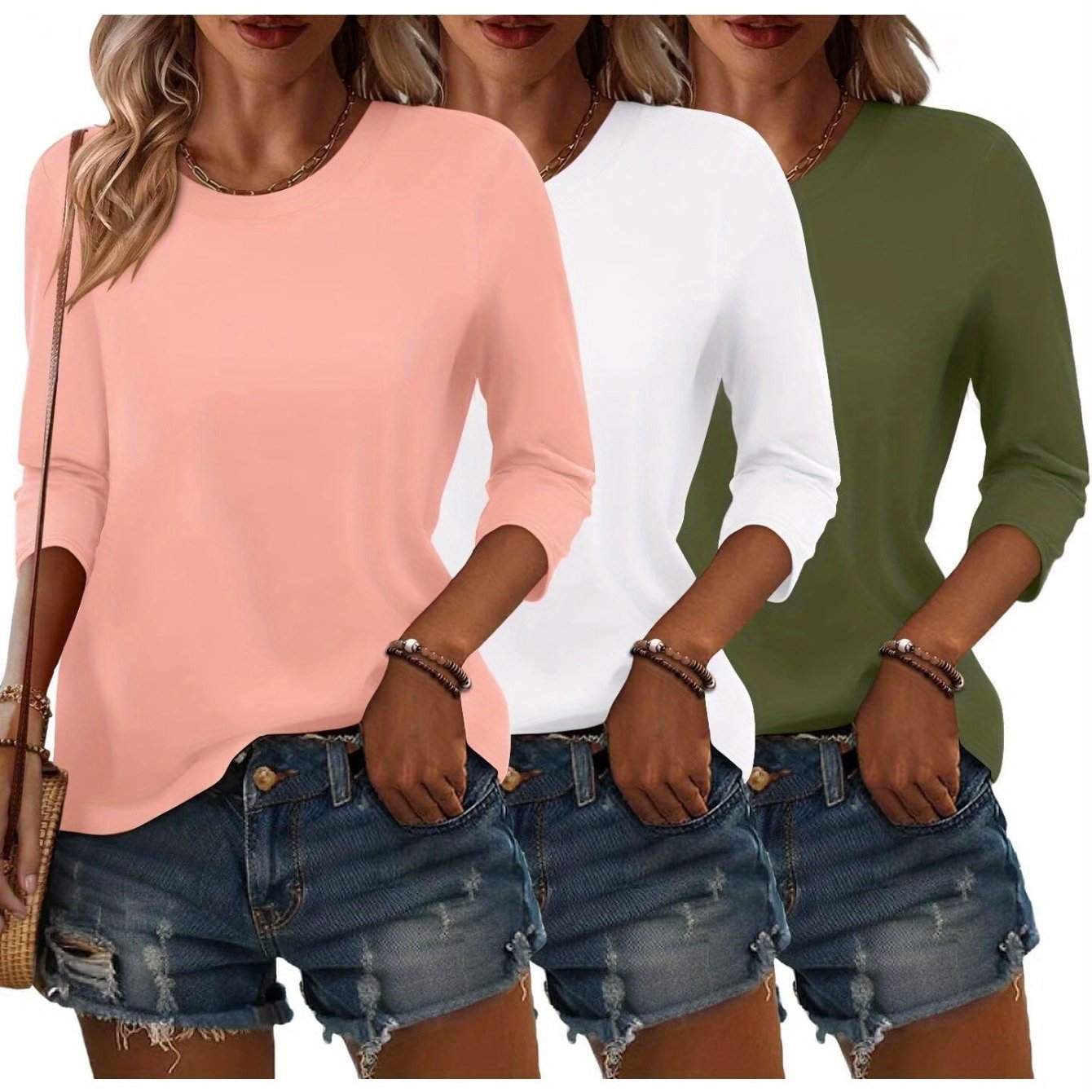 TEMU 3 Pack 3- 4 Sleeve Tops For Women Trendy Casual Tshirts Spring Summer Clothes Beach Vacation Fashion Blouses