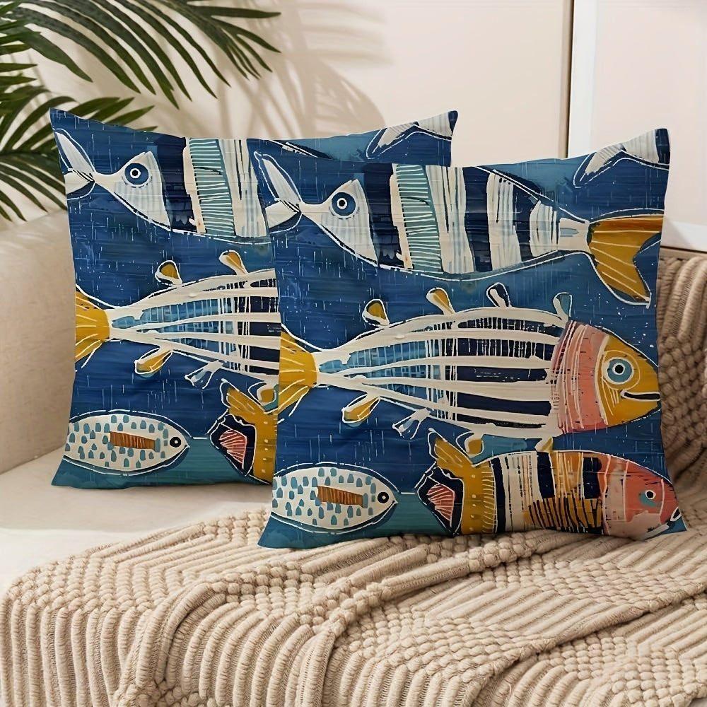 TEMU 2pcs Vibrant Deep Sea Stripe Fish-shaped Polyester Pillowcase Set - Zippered, Machine Washable Sofa And Outdoor Decorative Cushion Covers