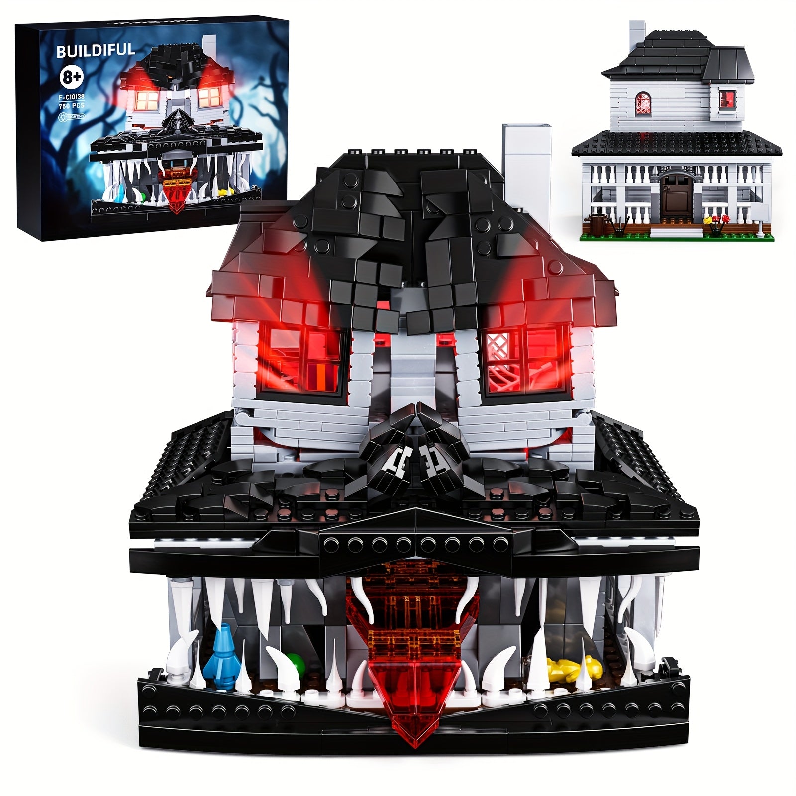 TEMU 750pcs Building Set - Horror-themed Haunted Mansion Model Kit With Glowing Red Eyes & Black, Diy Adult Jigsaw Puzzle For Adults &, Spooky Party