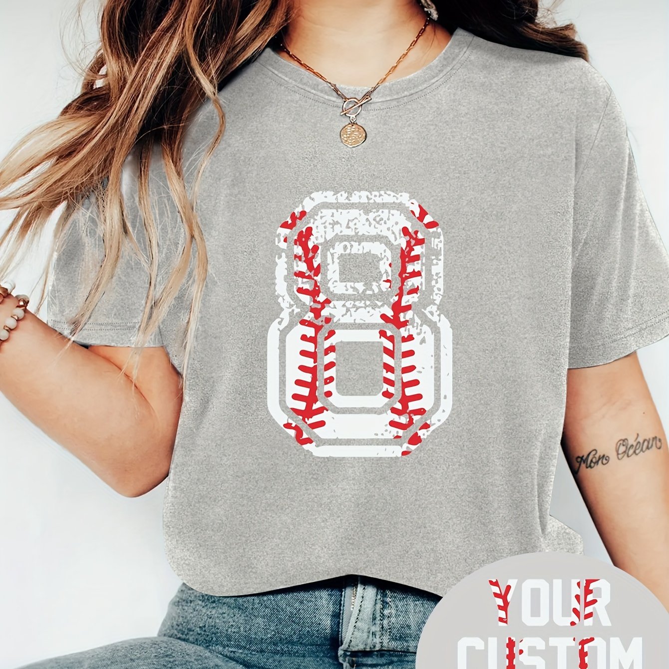 TEMU Customizable Women's Casual T-shirt With Geometric - Medium Stretch, Crew Neck, Short Sleeve, Top In Gray With Stitching, Everyday Top | Stylish