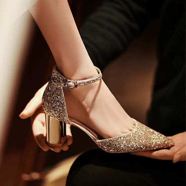 Dress Gold and Sier Sequins Pump Womens Pointed Toe Ankle Straps Wedding Thick High Heel Party Shoes 230