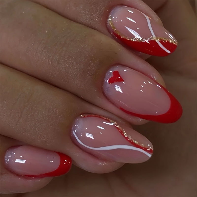 TEMU 24pcs Almond Shaped Press-on Nails Set - Medium Length, French Tip With Golden Glitter Accents, , Glossy Finish - Perfect For Daily Wear, Dates,