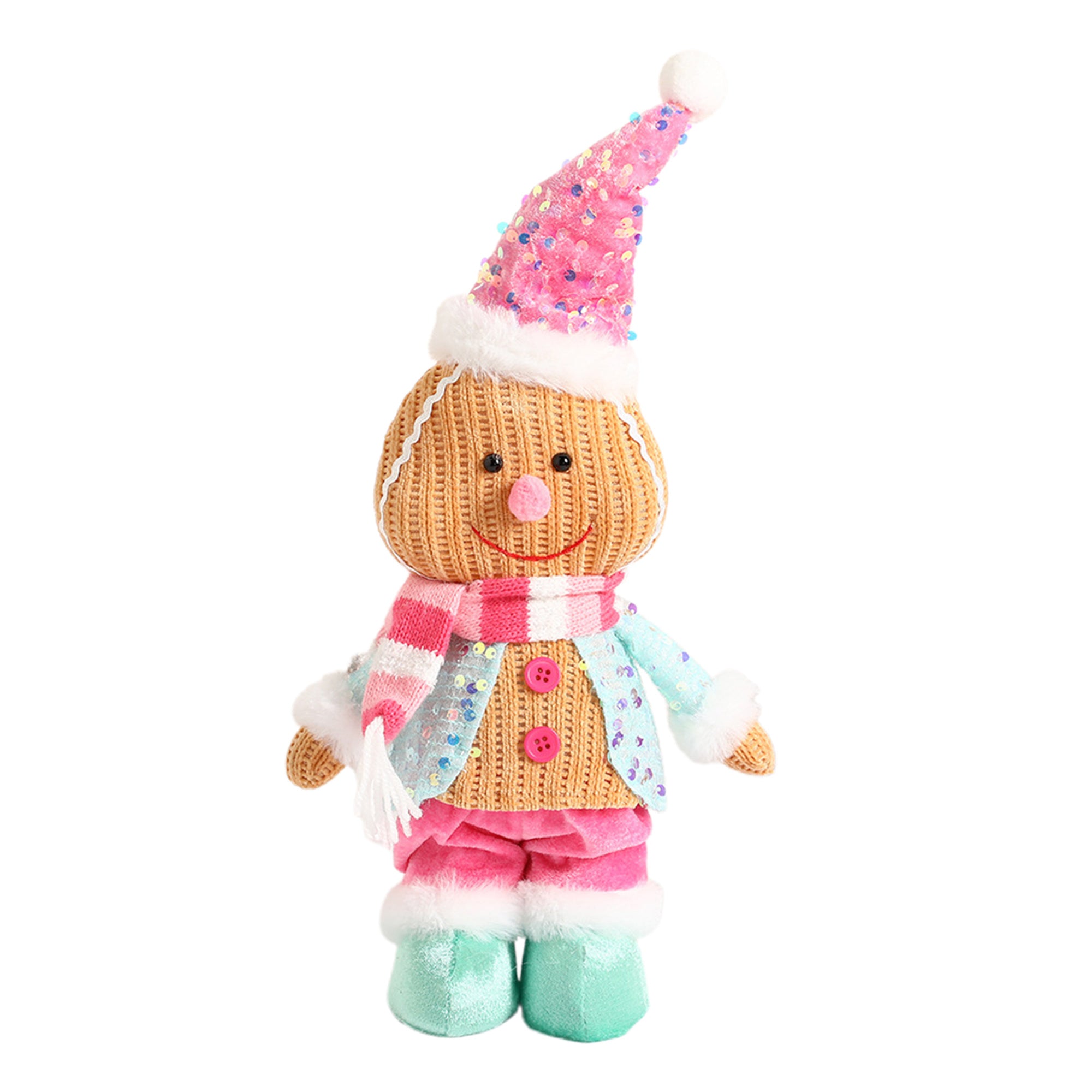 TEMU Plush Gingerbread Man Figurine With Pink Hat & Scarf - Soft Fabric Christmas Decor For Tabletop, Fireplace, Or Holiday Party Centerpiece, No