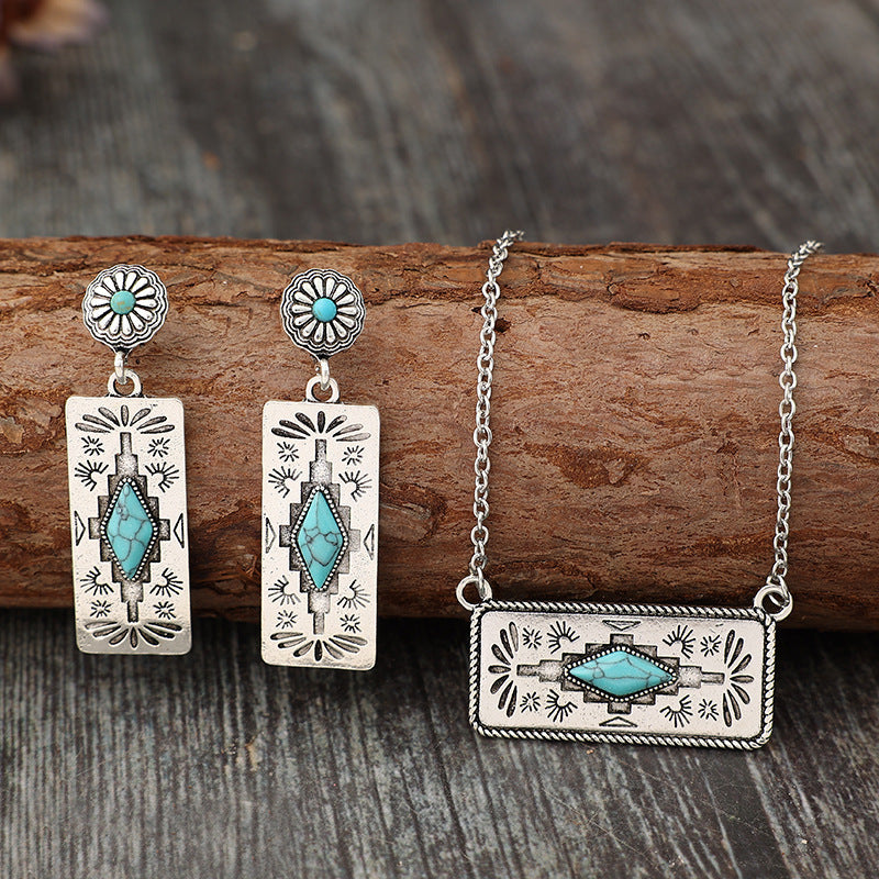 TEMU Boho Retro Style Pumpkin Flower Mosaic Geometry Turquoise Alloy Earrings, Necklace Set, Suitable For And Gifts For , Birthday Gifts
