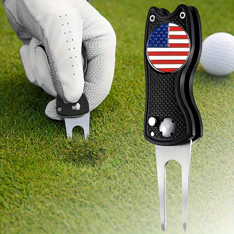 TEMU 1pc Magnetic Golf Repair Tool & Ball Marker - Foldable , Blue-black, Textured Grip Handle, American Flag Detail, Golfers