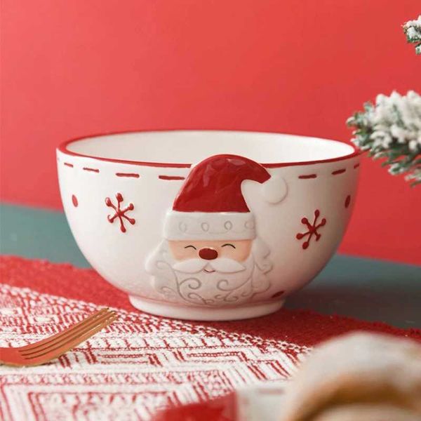 Nordic Ceramic Bowl Creative Santa Claus Pattern Breakfast Oatmeal Salad Bowl Noodle Rice Soup Bowls Christmas Theme TablewareC250118