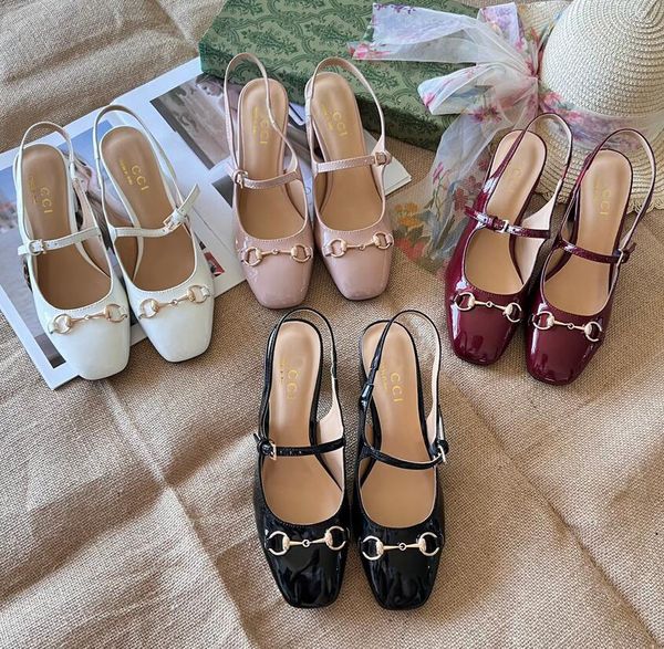 New designer women&#039;s shoes Autumn round head chunky heels Mary Jane Slingbacks Luxury high quality patent leather sandals Women&#039;s
