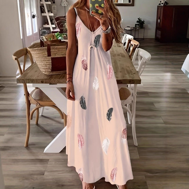 (1103) New Sleeveless Slim Fit Feather Print Low Cut V Neck Suspender Long Swing Long Dress Women&#039;s Dress