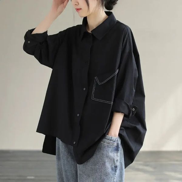 Spring and summer solid irregular womens spliced polo collar button fashionable loose pocket casual long sleeved shirt 240822