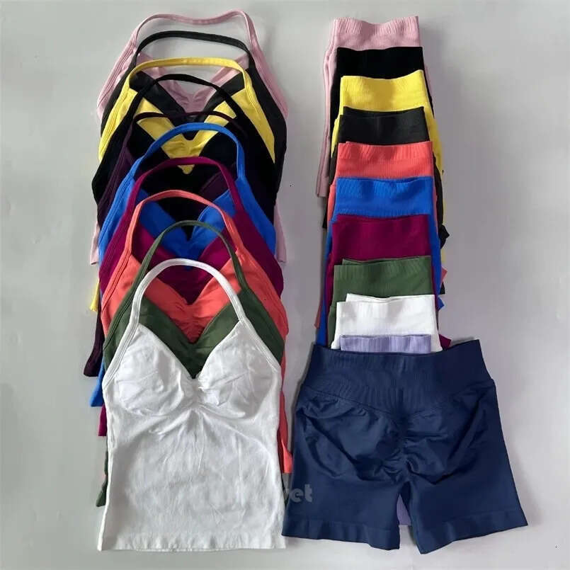 NEW dfynee set shorts 2pcs Impact Set Women Backless Tank Tops High Waist Scrunch Seamless Shorts Fiess Clothes Activewear Workout Sets Gym Suit leg