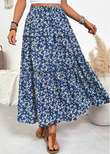 Modlily Blue Ditsy Floral Print A Line Elastic Waist Skirt - M