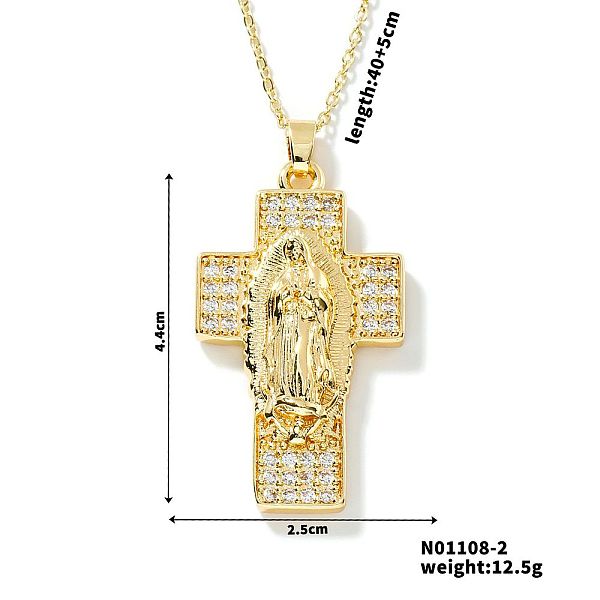 Collares con colgante de cruz de la Virgen María con circonitas cúbicas pavé de latón europeo y americano