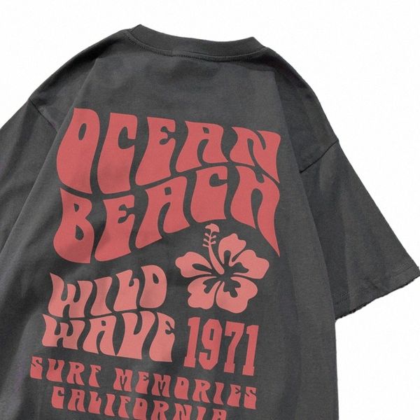 Ocean Beach Wild Wave 1971 Surf Memories Men California Tops Tops TEE Clothing Summer Algodão solto camisetas casuais camiseta 18zj#