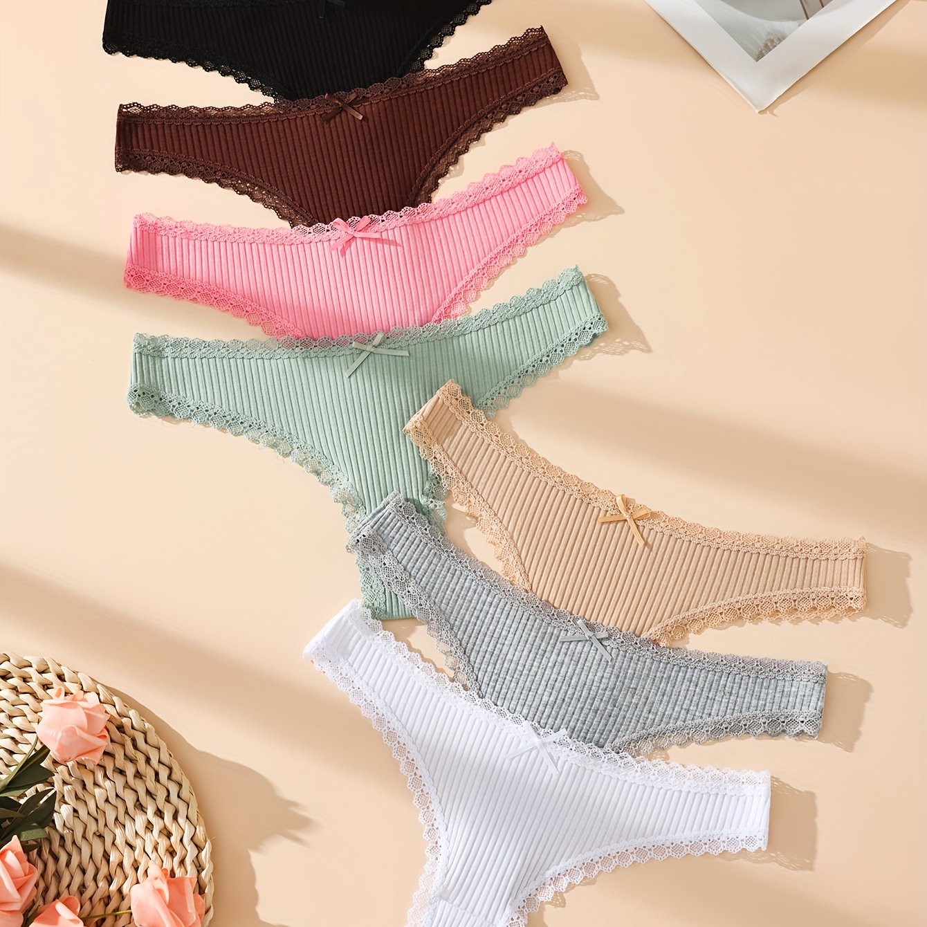 TEMU 5pcs Ribbed Women's Lingerie - Lace Panels & , Comfortable Breathable Stretch Seamless Pajama Pants, & Spandex, Hand Wash Only, , Smooth Fabric,