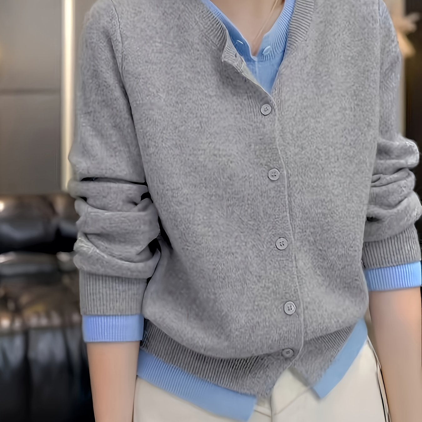 TEMU Women's Casual Button-up Cardigan Sweater - Contrast, Long Sleeve, Crew Neck, Fall Fashion Top, Autumn Clothing | Contrast Color Sweater |